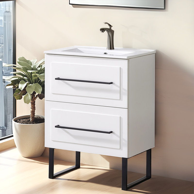  24" Modern White Free-Standing Single Bathroom Vanity Set With Ceramic Top
