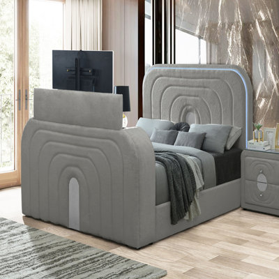 Shelyn Gray Teddy Sherpa & Chrome Bed w/Led, TV Stand, Fireplace & Bluetooth