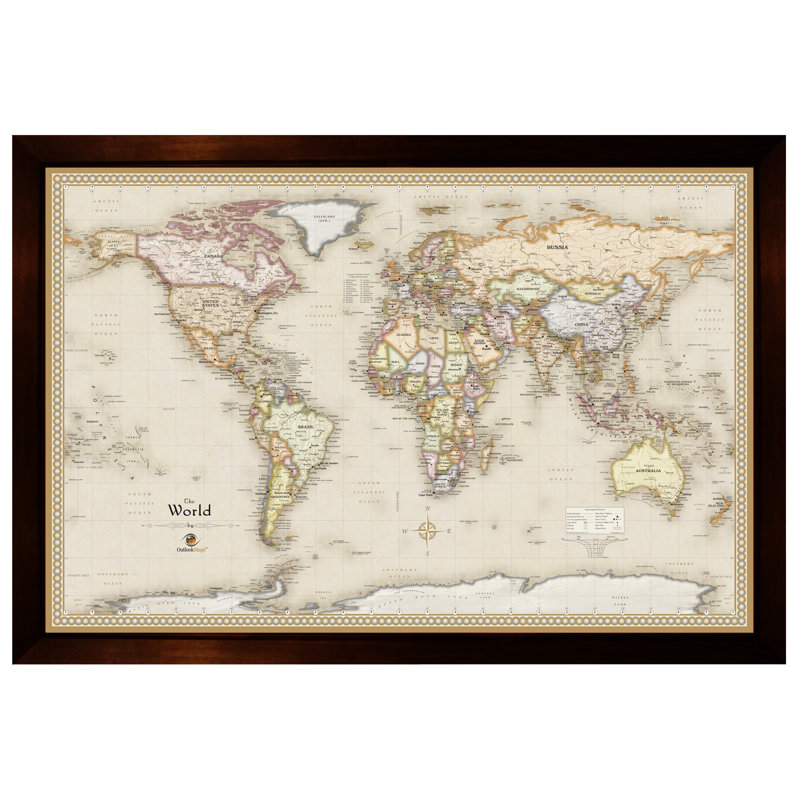 Carte du monde magnétique encadrée, H 34 po x l 48 po x P 1 po, Beige