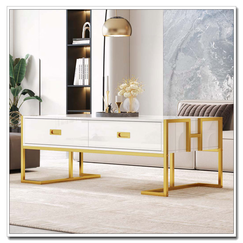 Table basse rectangulaire à 4 tiroirs et base dorée, Blanc
