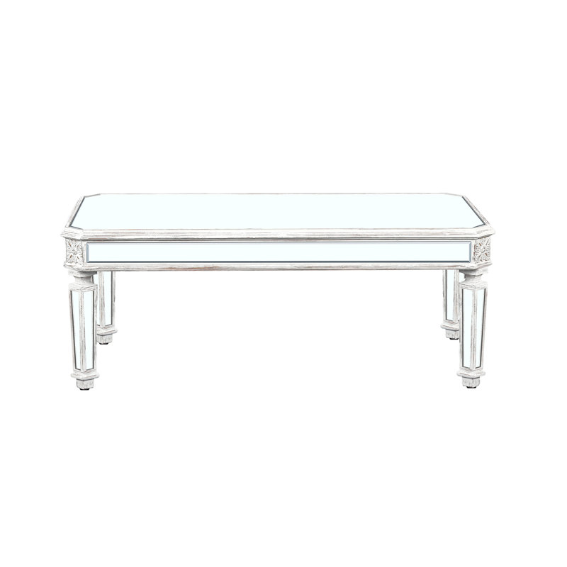 Silver Mirrored Coffee Table, Vintage Carved Elements, Rectangle Glass Tea Table With Mirrored Finish, Modern Center Table For Living Room And Office (24" D X 48" W X 18" H)