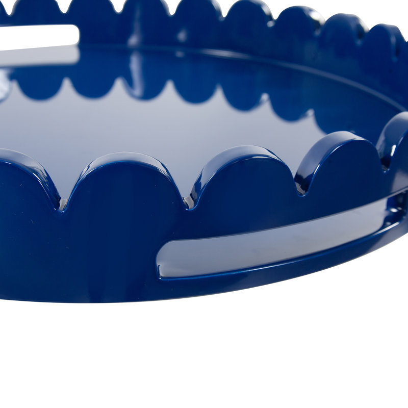 Effa Hand-Crafted Round Scalloped Wood Tray, Blue