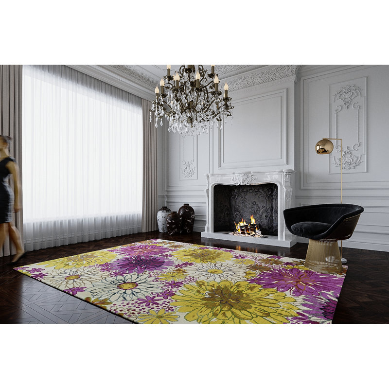 Floral Area Rug in Purple/White, Rectangle 9' x 12'