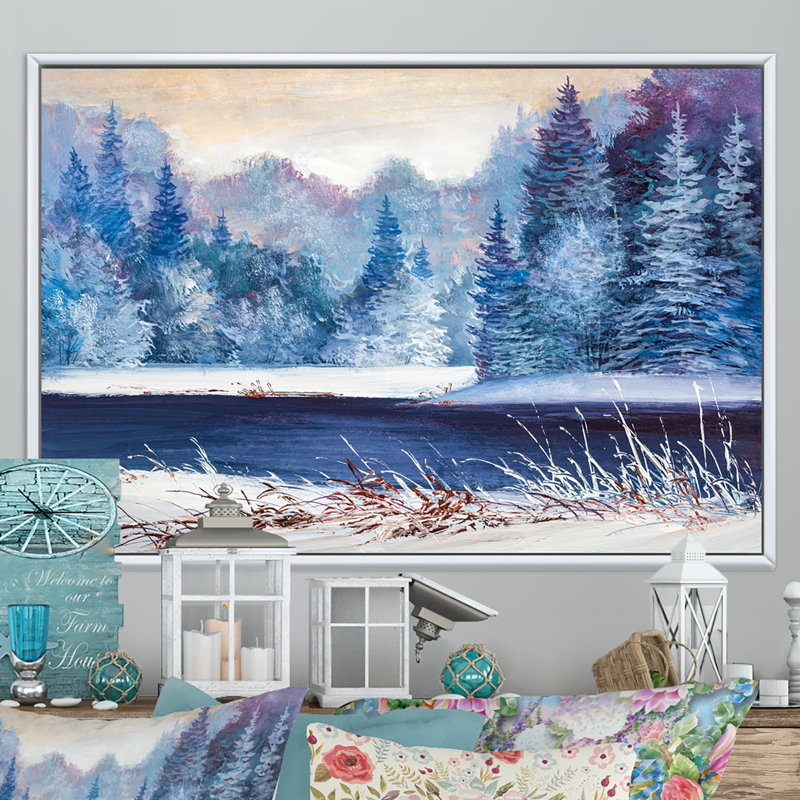 Forêt de Noël avec rivière - Peinture sur toile, H 12 po x l 20 po x P 1 po, Cadre flottant blanc
