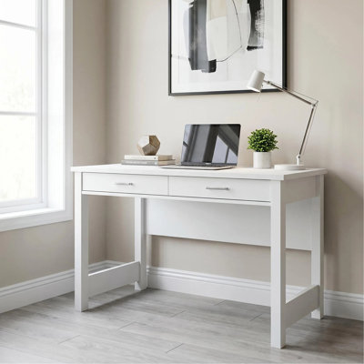High Gloss White Wooden Computer Desk, Thick Reinforced Tabletop, Solid Support Legs, Two Drawers with Silver Metallic Pull Handles