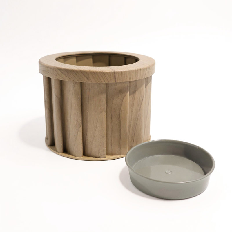 Pot à fleurs rond en aluminium léger brun clair cendré avec ouverture de drainage prédécoupée et plateau interne moderne avec finition thermolaquée couleur bois pour rétention d'eau