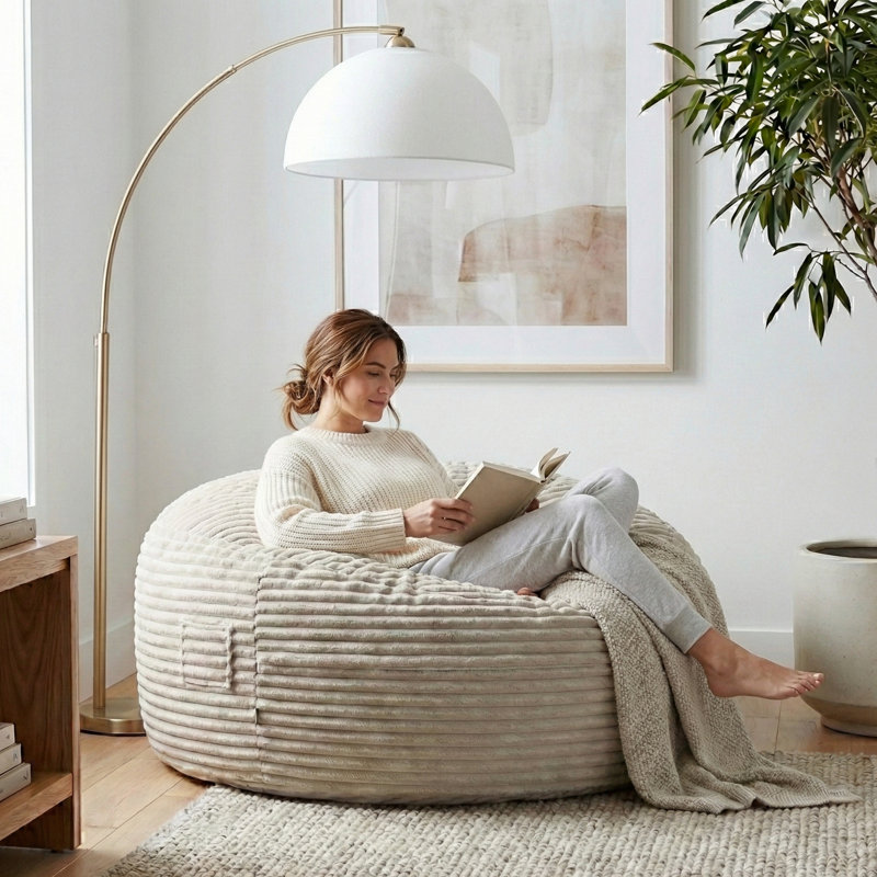 Fauteuil à billes Sealy® Bala en fausse fourrure de 5 pi - Taupe, Velours côtelé beige, H 27 po x l 60 po x P 60 po