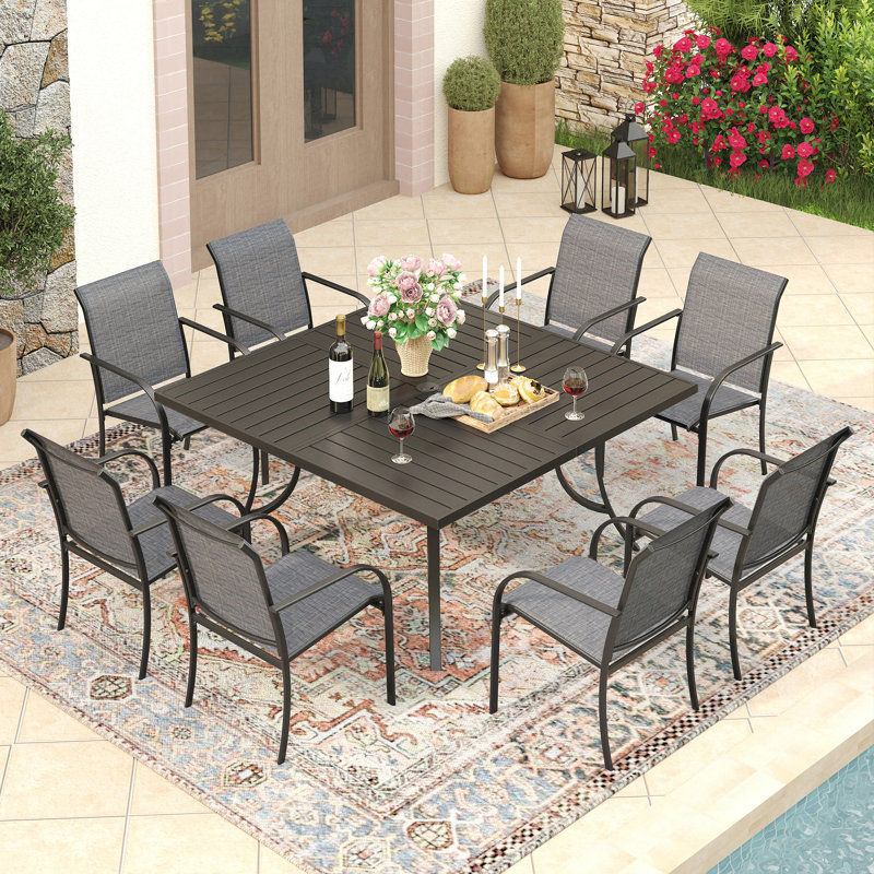 Ensemble repas de patio en métal pour 8 personnes avec table carrée Erilas, Noir / gris