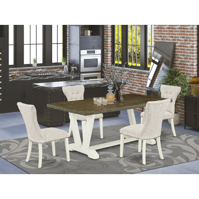 L'ensemble de table de salle à manger 5 pièces comprend une table en bois jacobine vieilli et 4 chaises Parson en tissu de lin avec dossier capitonné - Lin brossé blanc