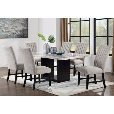 Repas de style transitionnel 7, chaises noires Boucle, plateau de table en marbre 7 pièces, table, pour les réunions de famille