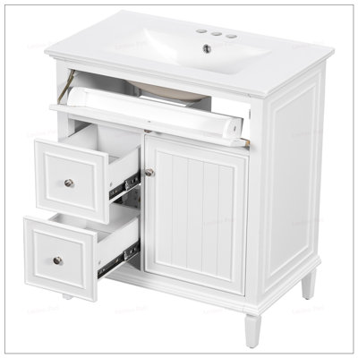 Meuble-lavabo de salle de bain avec lavabo et tiroirs multiples, structure en bois massif, panneaux de fibres à densité moyenne, tablette réglable et protection contre le débordement