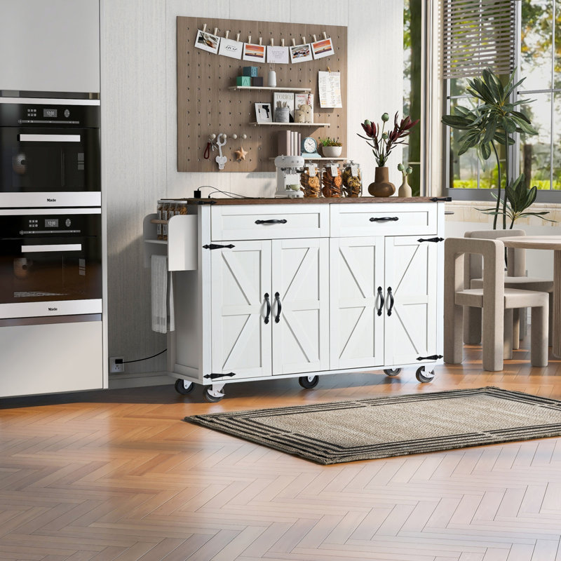 Îlot de cuisine l 53,5 po Durarte, roues verrouillables, abattant, Blanc, Bois manufacturé