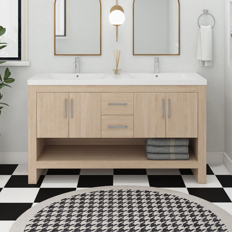 60 po L 21,34 po P 35,04 po Meuble-lavabo autoportant H en chêne clair avec double lavabo en acrylique blanc