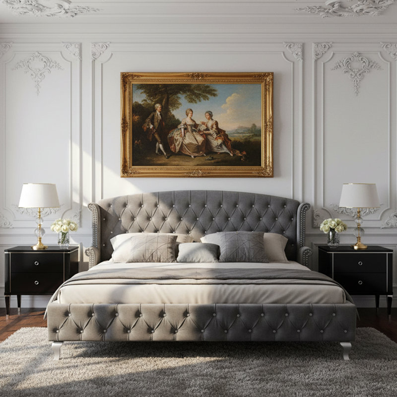 Velora Velvet Upholstered Wingback Platform Bed, Dark Gray