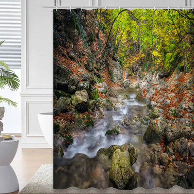 Beautiful Autumn Landscape Mountain Stones Colorful River Shower Curtain with 12 Hooks