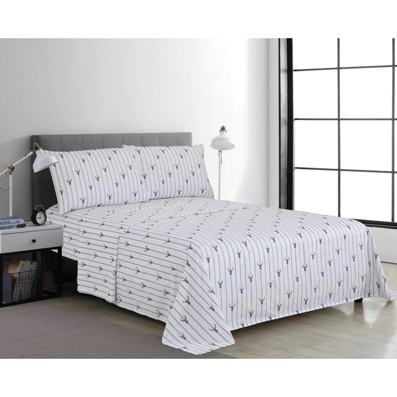 Ensemble de draps en microfibre 4 pièces, Ensemble de draps pour très grand lit avec 2 taie, Rayé gris / blanc