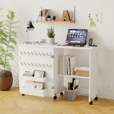 Foldable Sewing & Craft Table with Charging Station – Locking Wheels, Storage Trays, Space-Saving Desk