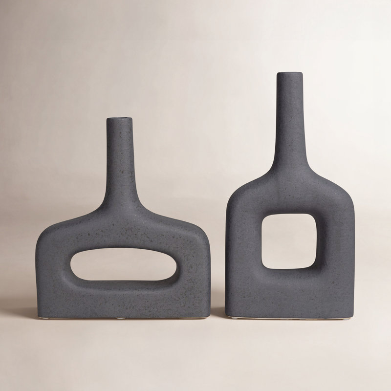 Black Ceramic Donut Shaped Decorative Vase, Set of 2, Black