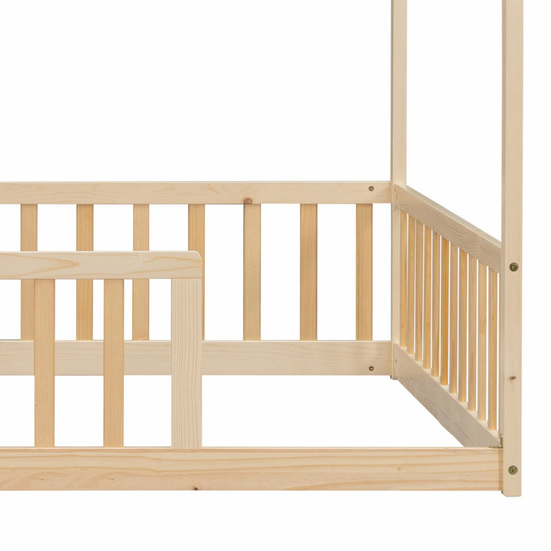 Lit en forme de maison, lit en bois avec garde-corps de sécurité, Double, Naturel