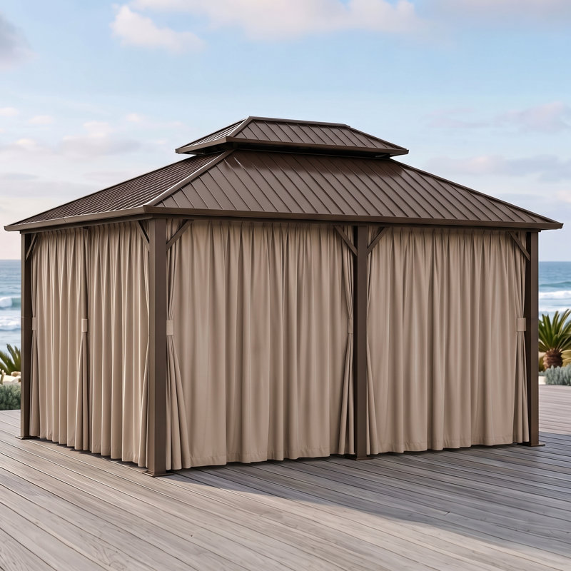 Pavillon de jardin 12 pi x 16 pi avec toit en polycarbonate à deux niveaux et structure en aluminium, Brun