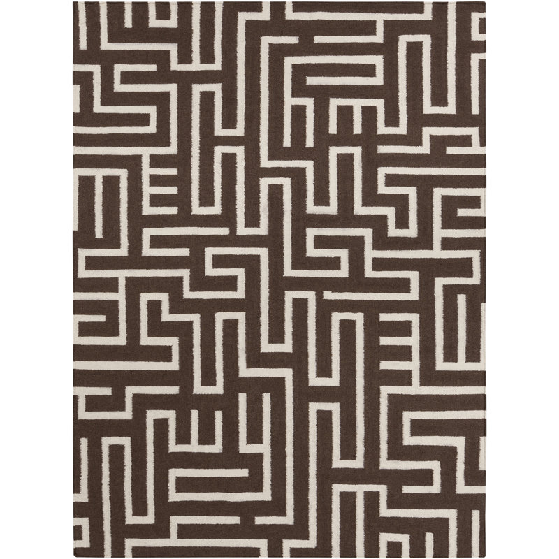 Chevella Authentic Flatwoven Handmade Brown & Ivory Reversible Modern Geometric Maze Wool & Cotton Area Rug, 3' x 5'