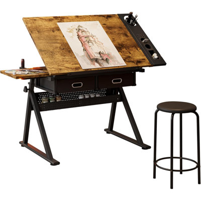 Table à dessin à hauteur réglable professionnelle avec tabouret, bureau de dessin inclinable à 0-75 ° avec 2 tiroirs de rangement pour la peinture, l'écriture et l'artisanat d'artiste