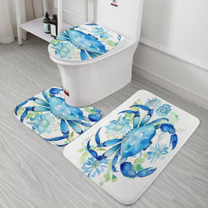 Tapis de salle de bain aquarelle crabe marine pour coin de terrasse bord de mer, 3 pièces, Teal, Animals 5