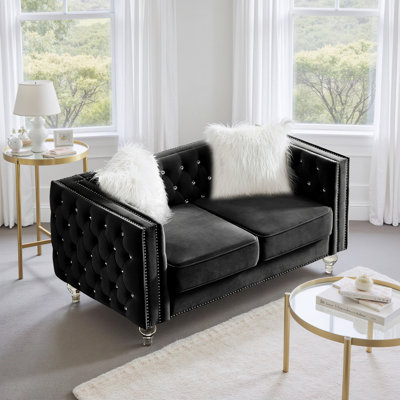 Canapé Chesterfield 60 po en velours, canapé de style Mid-Century moderne avec 2 coussins décoratifs et pieds en acrylique, canapé capitonné à boutons cloutés pour salon, appartement