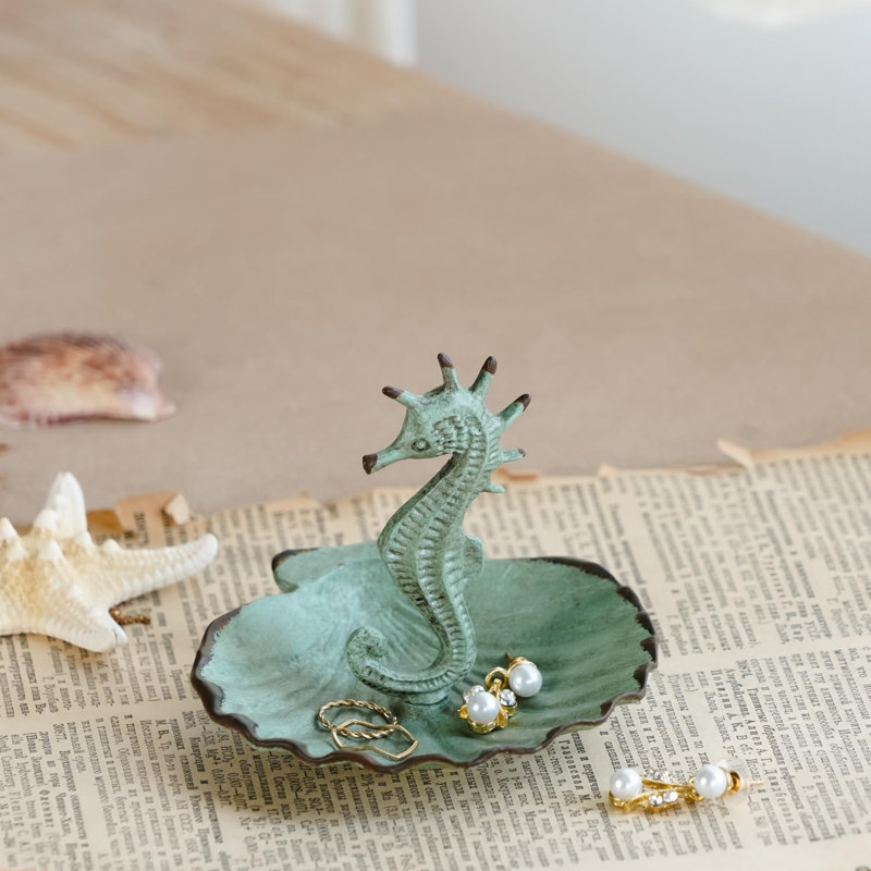 Jewelry Holder Seahorse With Shell Dish Decorative Hanging Jewelry Stand Display Vintage Ring Tray Earring Necklace Metal Organizer, Aqua Blue