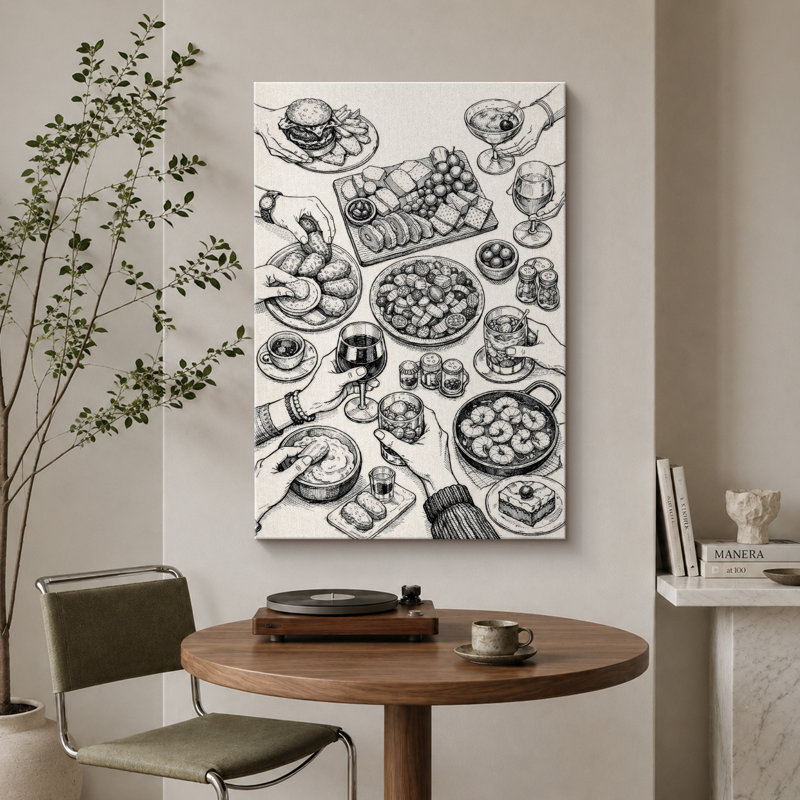 Noir et blanc, art de la ligne de la fête, images de la salle à manger, impression sur toile encadrée, 24" H x 16" W x 1.5" D