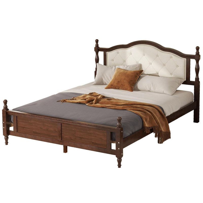 Grand lit en bois de pin élégant avec tête de lit tapissier, Brun