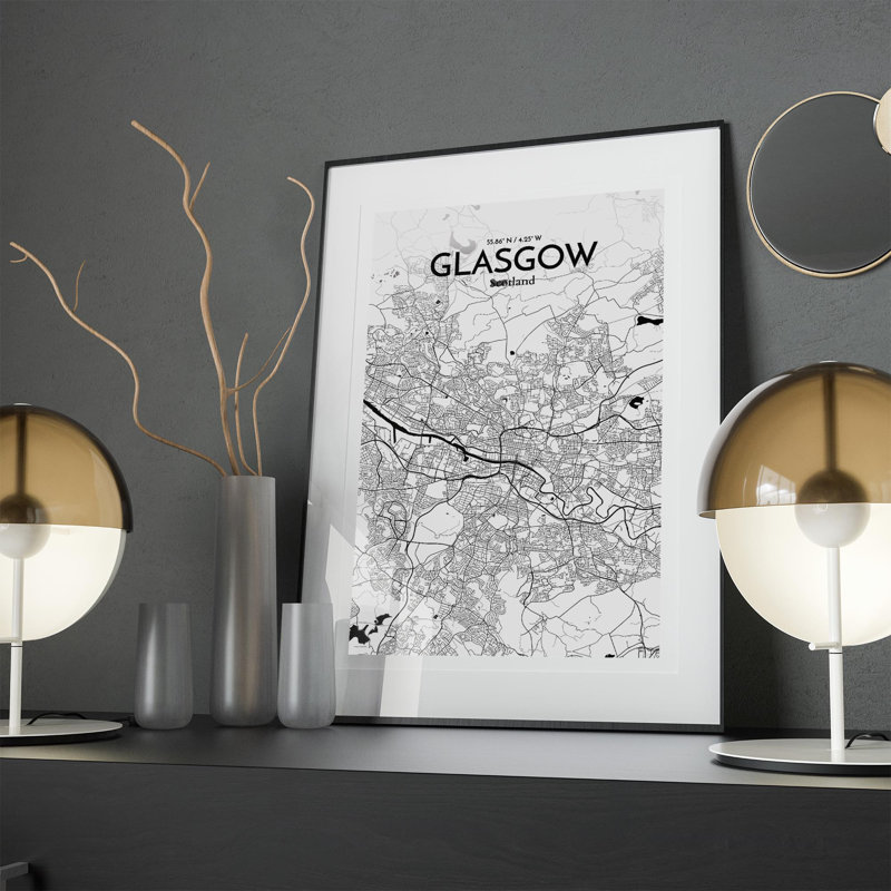 Carte de la ville de Glasgow, impression à l'encre, H 17 po x l 11 po, Noir / blanc
