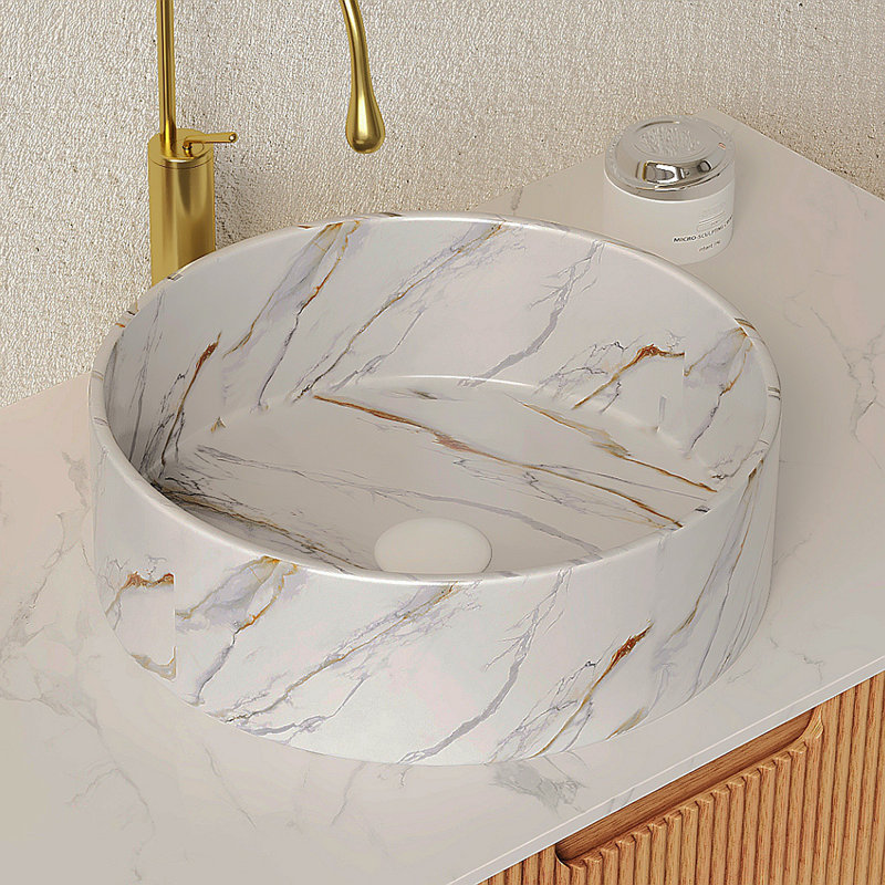 Lavabo de salle de bain rond 14 po en céramique avec motif de pierre, sans robinet, blanc mat
