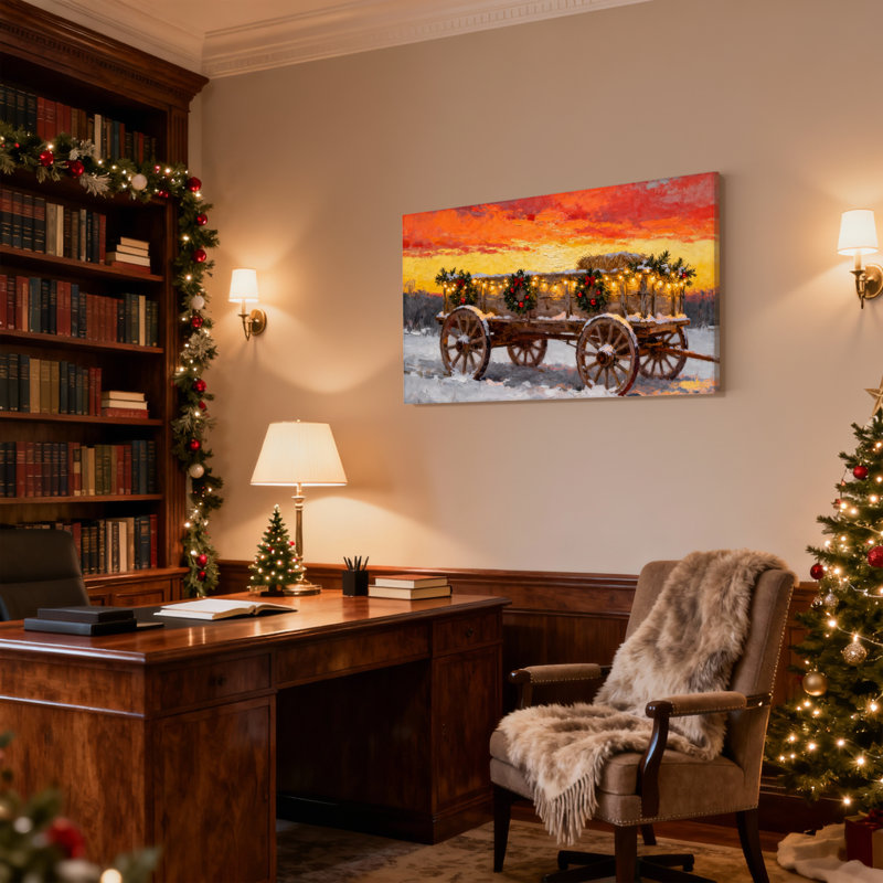 «Christmas Winter Wagon Christmas Lights Sunset Snowscape», ensemble de 3 impressions d'art sur toile, H 16 po x l 24 po