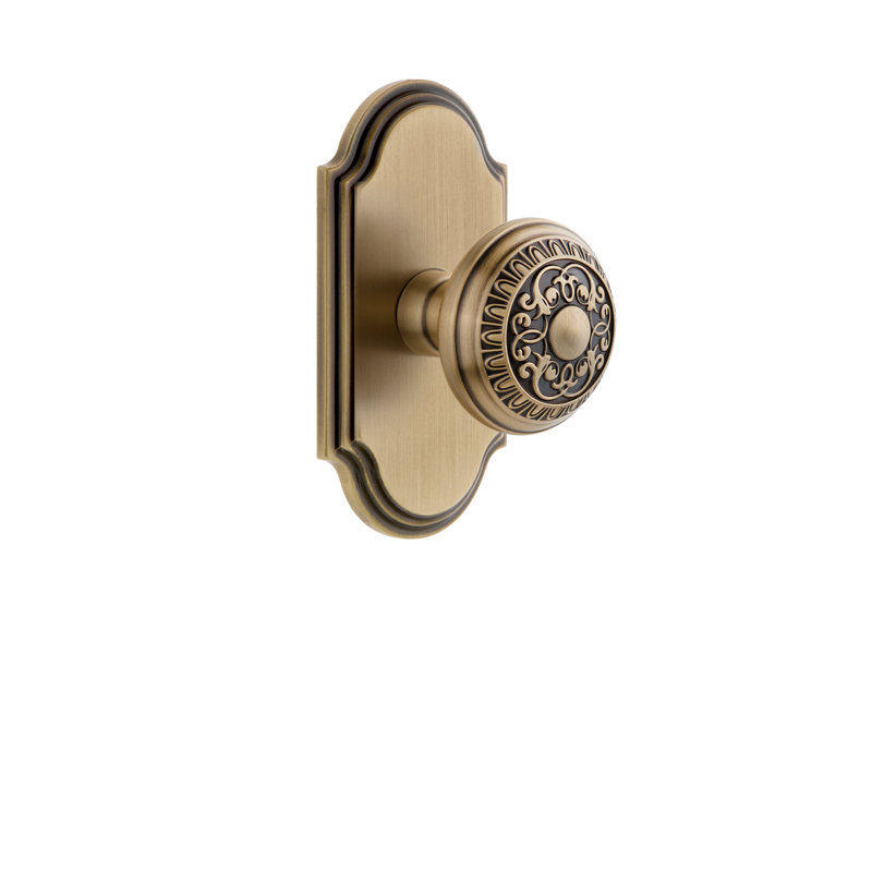 Grandeur Arc Plate Single Dummy with Windsor Door Knob, Vintage Brass