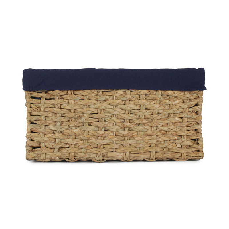 Lily Manor Wicker Thatch Grass Storage Basket with Lining, 24cm H x 47cm W x 35cm D, Natural Thatch/Navy Blue Lining