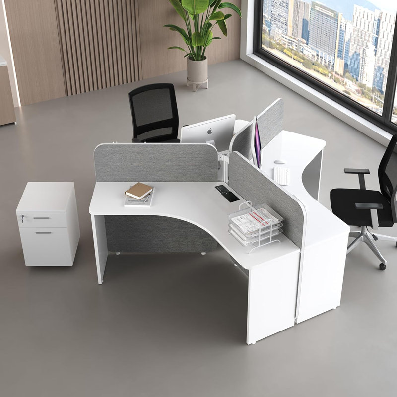 3 Person Office Cubicle Desk Workstation with Mobile Pedestal & Built-in Power Outlets, Adjustable Wall Partitions, Layouts for Startups and Modern Workspaces