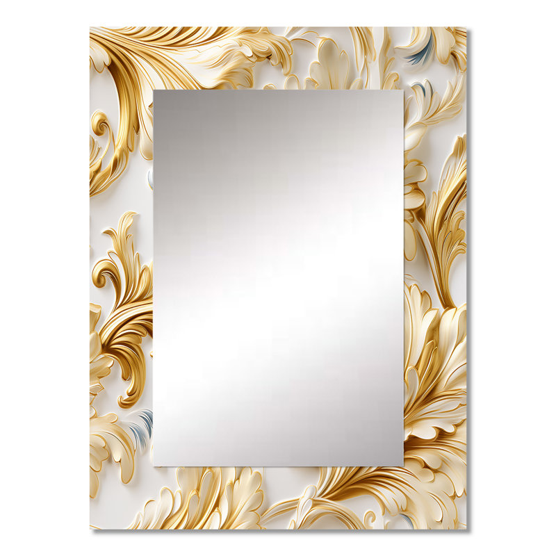 Sruthy Gold And White Gilded Damask Reverie - damask  Large Wall Mirror, Boho Unique Mirror, Printed Metal Art, 32" x 24"