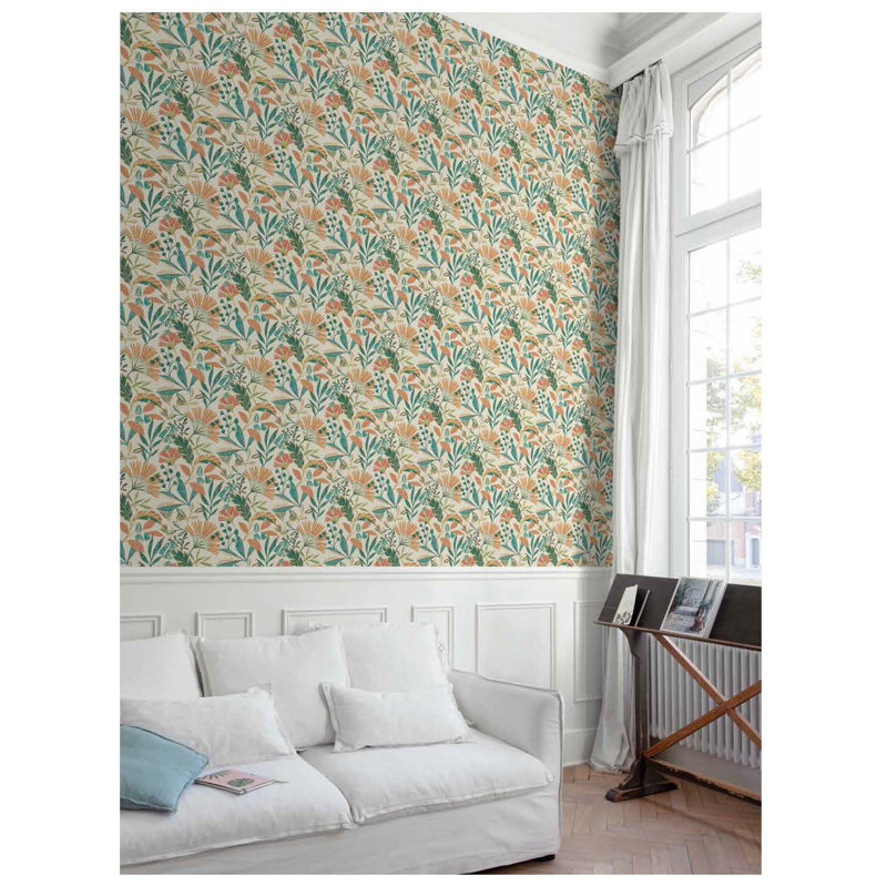 Papier peint botanique fleurs tropicales et arbres, Bleu