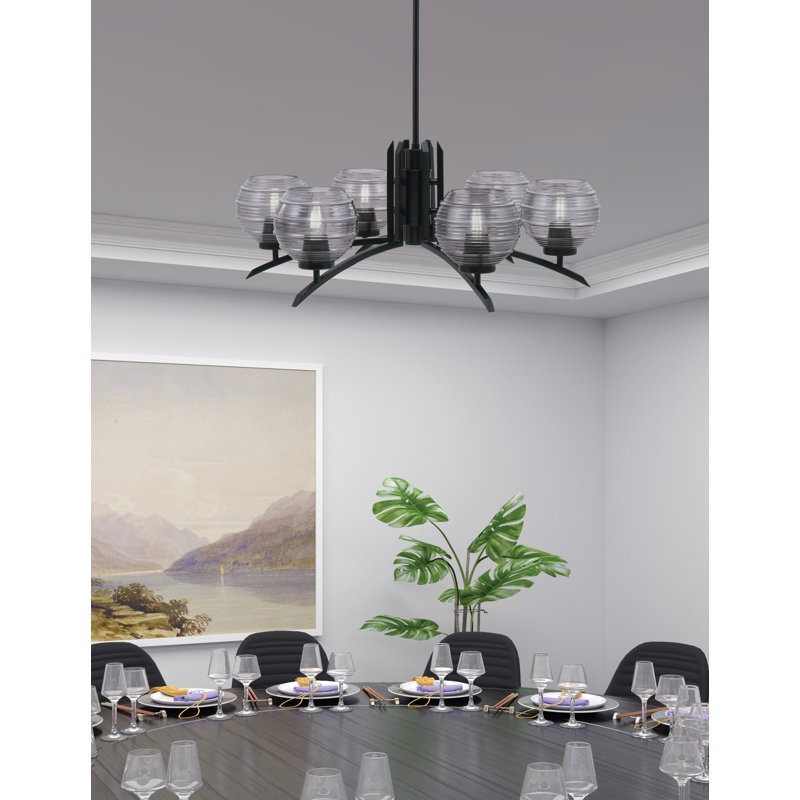 Lustre lumineux en verre nervuré fumée de 6 po, H 58,25 po x l 27,5 po x P 27,5 po, Noir mat, 6