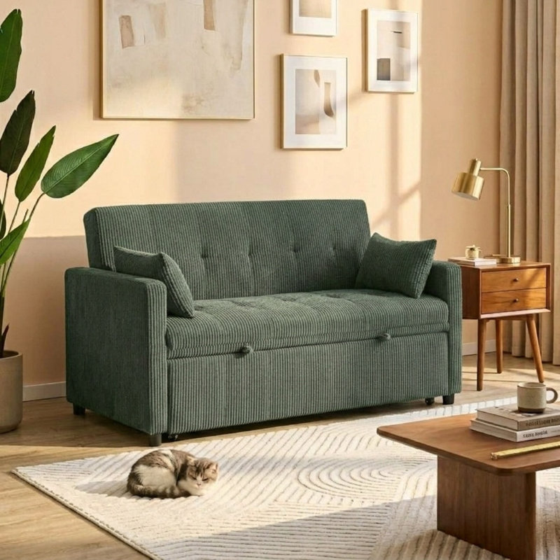 53" Sofa Bed, 3-in-1 Loveseat Sleeper Sofa with Pull Out Bed, Pockets and USB, Modern 2 Seater Convertible Small Couch for Living Room Bedroom Apartment,Corduroy Comfy Couches,Green