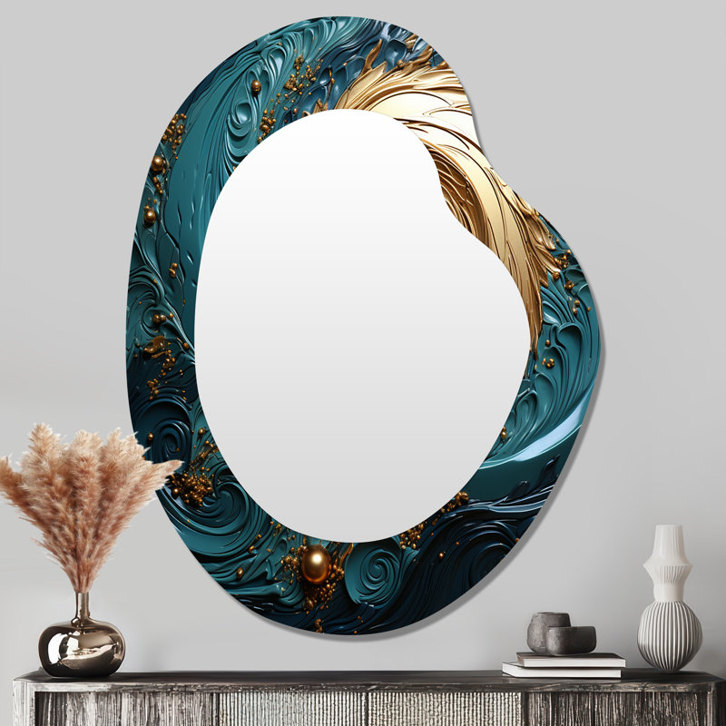 Teal Majestic Motion I - Miroir mural de forme irrégulière à spirale abstraite, miroir décoratif asymétrique bleu, impression sur métal