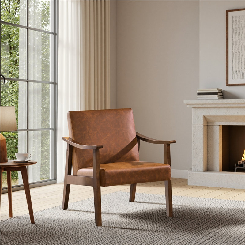 Asmat 24.5" W Mid-Century Modern Armchair with Solid Wood Legs, Brown