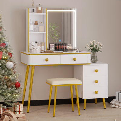 Tri-Color Light USB Rechargeable Atyana Dresser, Oversized Mirror 5-Drawer Sub-Cabinet, Solid Metal Legs
