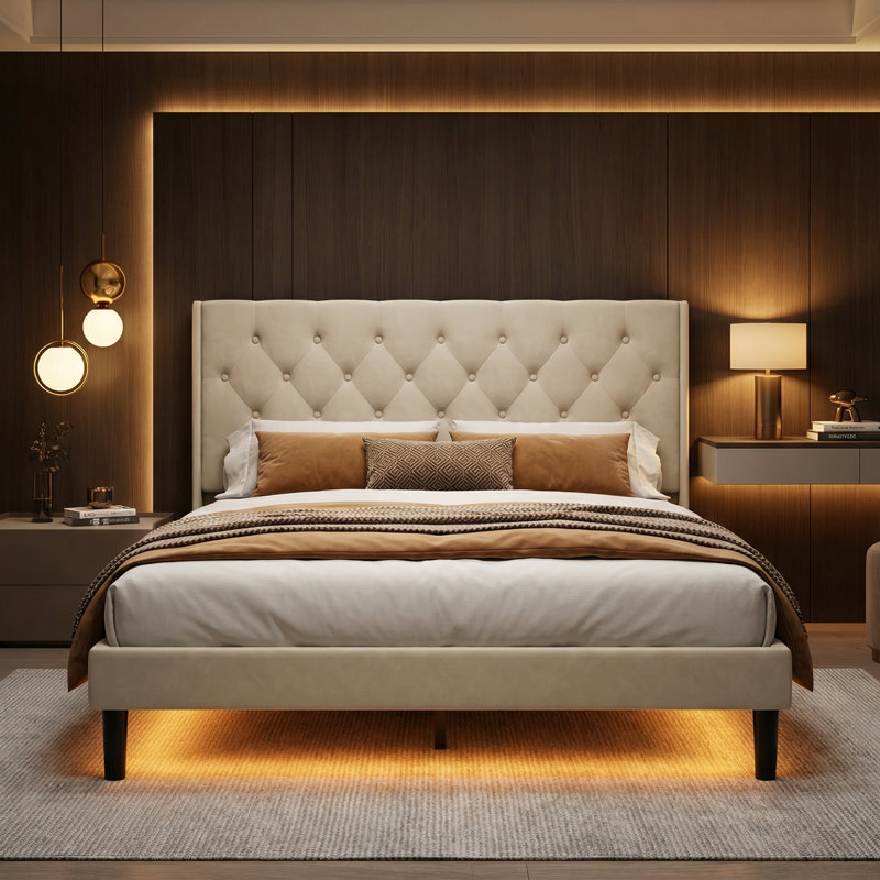 Upholstered Bed Frame with Diamond Button Tufted Headboard, Beige, Kingsize (5')