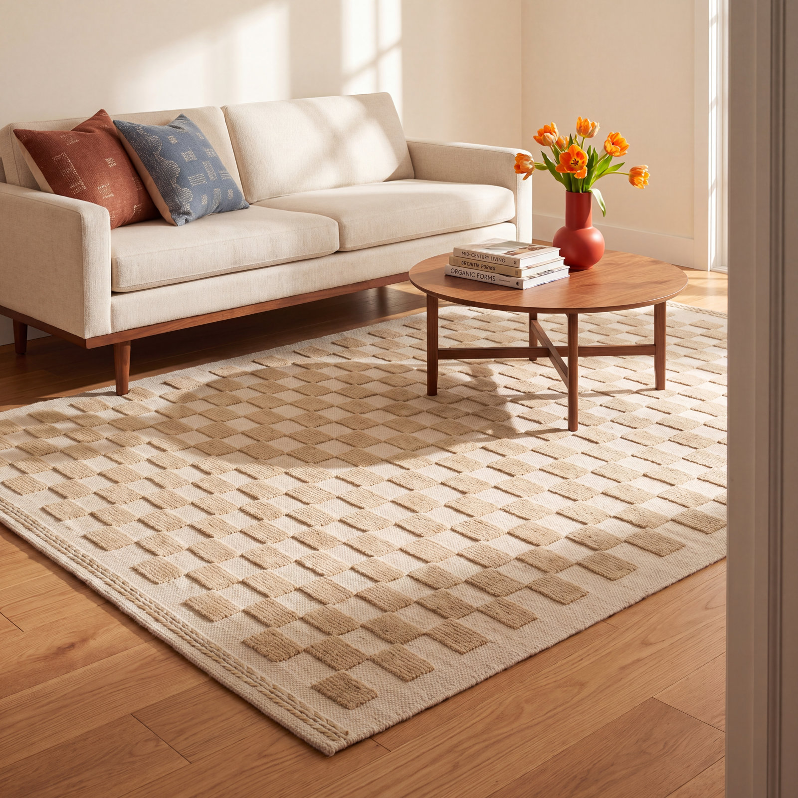 Azle Beige Tan Hand-Woven Checkered Wool Rug, Rectangle 10' x 14'