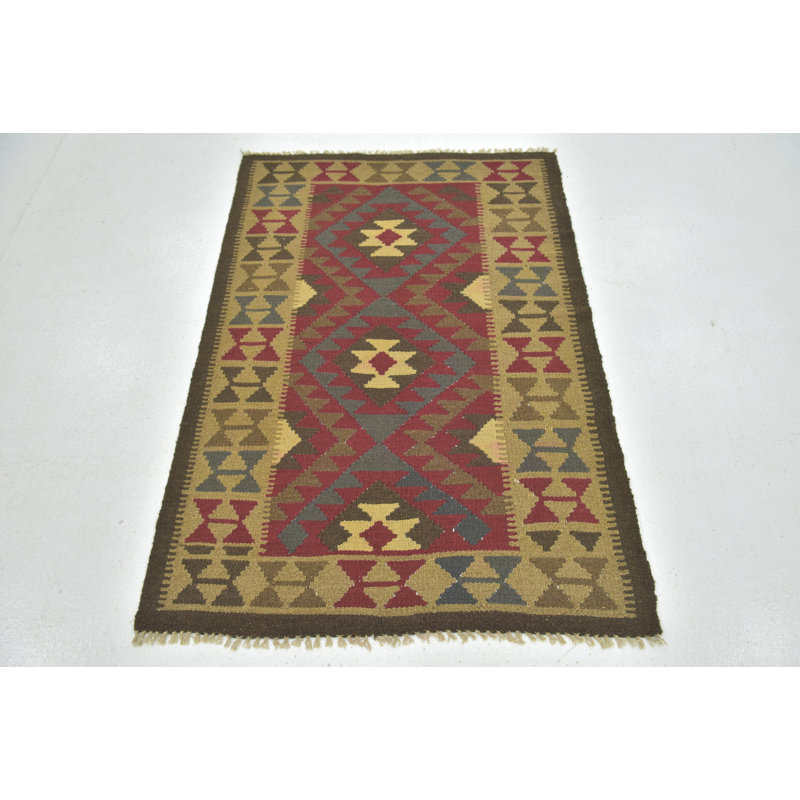 Tapis de zone en laine noué la/rouge 3 pi 4 po x 4 pi 10 po one-of-kind Lorain