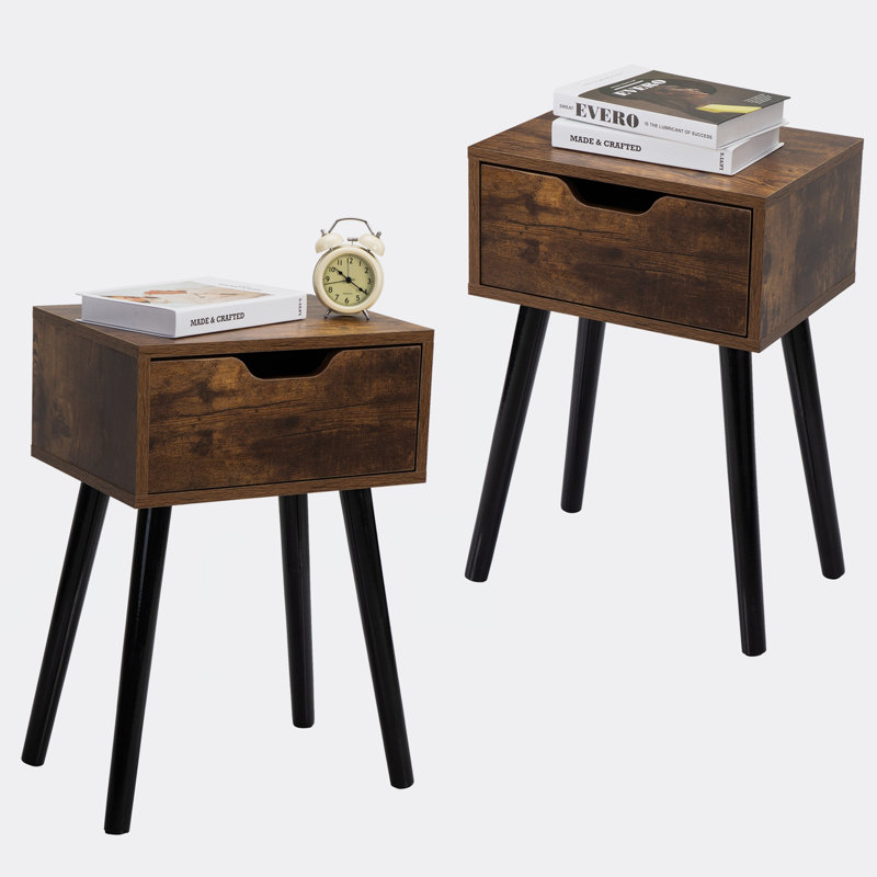Ensemble de 2 tables d'appoint en bois de style Mid-Century, table de bout avec 1 tiroir de rangement, table de chevet pour le salon de la chambre à coucher, brun rustique et noir
