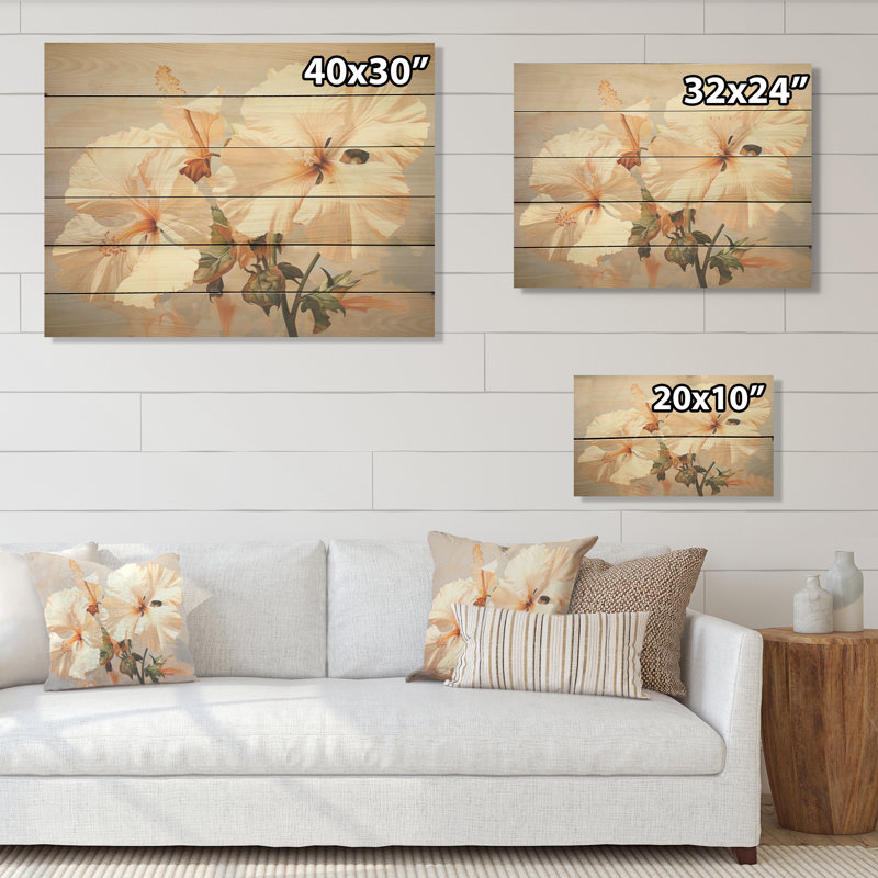 Peinture sur bois d'hibiscus beige - Hibiscus sur bois de pin naturel, H 10 po x l 20 po