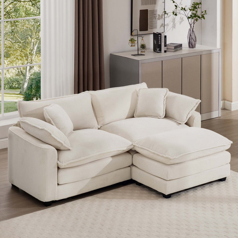 Canapé deux places en velours côtelé avec 1 repose-pieds, H 33,85 po x l 80,34 po x P 34,25 po, Beige